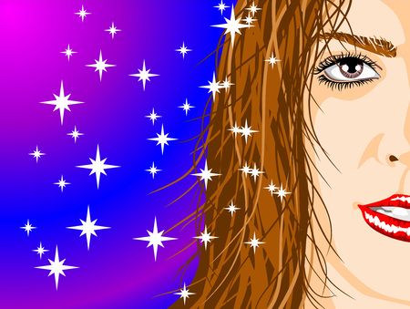 An illustration featuring the face of a beautiful woman with brown hair with stars shining over her.のイラスト素材