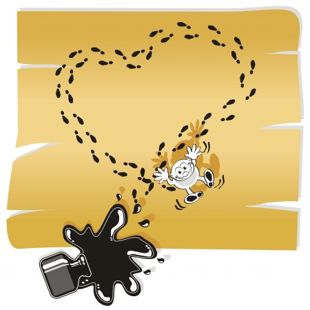 Heart drawn with footprints in spilled ink on parchment. Illustration perfect to express a message of love.のイラスト素材