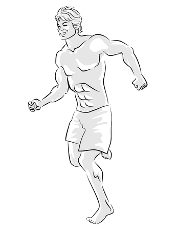 Young man running and exercising. Black and white illustration.のイラスト素材