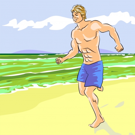 Coloured Illustration of physically fit man running alone on a beachのイラスト素材