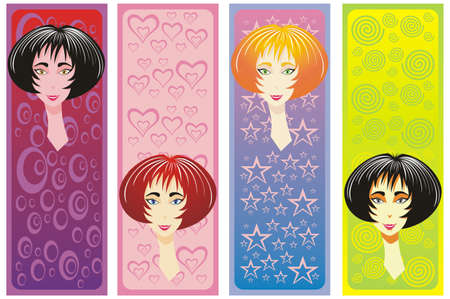 Set of cute banners with copy space.Beautiful women, brunette, blonde, redhead,のイラスト素材