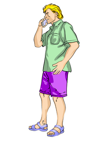 Coloured full length portrait of a blond man talking on the phone, wearing short-sleeved shirt and shorts.のイラスト素材