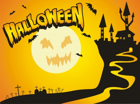 A spooky illustration with almost all scary elements for Halloween celebration. The castle, the cemetery, the vampires and happy halloweenのイラスト素材