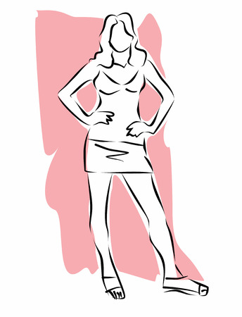 Linear sketch in black and withe of a young woman girl in short skirt.のイラスト素材