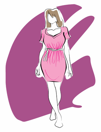 Linear sketch in black and withe of a young woman girl in pink dress.のイラスト素材