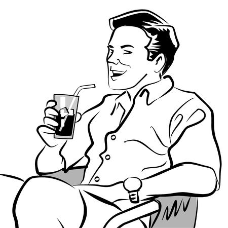 Black and white illustration of a man sitting with a drink.のイラスト素材