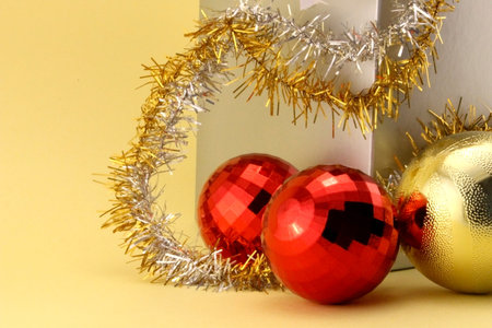 Christmas decorations and gift box in redの写真素材