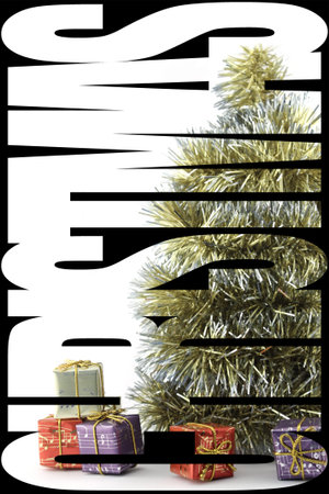 Poster with a tree decorated, gifts, baubles and Word CHRISTMAS, superimposed on the image