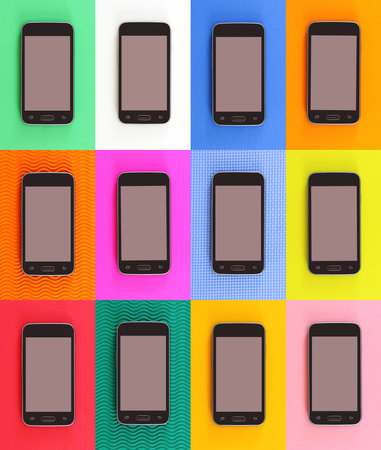 Colorful layout with Cell phone set. Background in flat layの写真素材