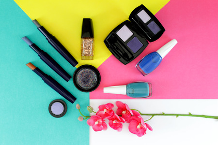 Flat lay composition with make-up cosmetics over white bacgroundの写真素材
