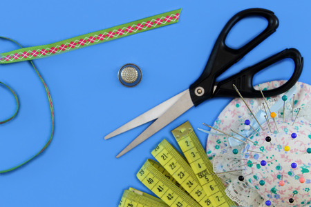 Flat lay composition with Set, sewing tools. Tools for dressmaker or seamstress.の写真素材