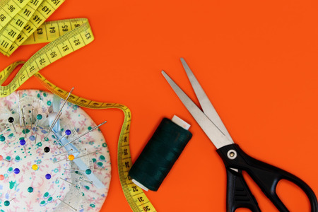 Flat lay composition with Set, sewing tools. Tools for dressmaker or seamstress.の写真素材