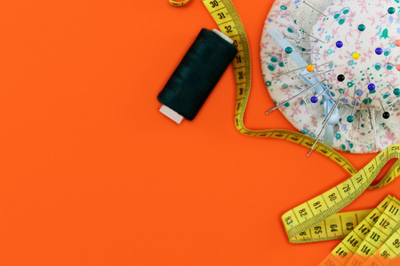 Flat lay composition with Set, sewing tools. Tools for dressmaker or seamstress.の写真素材