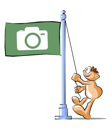 Funny Cartoon raising a flag with photographic camera symbol. Conceptual illustration Vectorのイラスト素材
