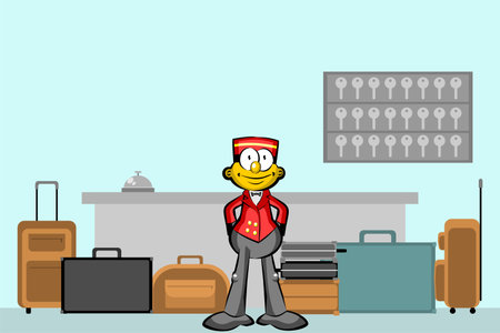 Hotel reception. Bellboy and suitcases. Conceptual illustration about travels and hotelsのイラスト素材