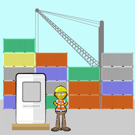 Security Guard, conceptual illustration. Wearing helmet and reflective clothing. Port Custodian - International Ship and Port Facility Security Codeのイラスト素材