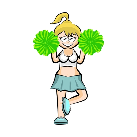 Funny Cheerleader cartoon Green skirt. Conceptual illustration. Sports spirit of high schoolのイラスト素材