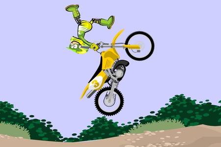 Motocross rider performing a high jump. Cartoon style. Conceptual vector illustration about Motocross Sport.のイラスト素材