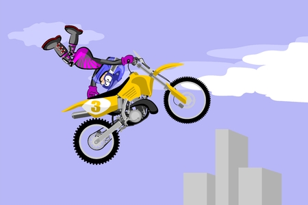 Motocross rider performing a high jump. Cartoon style. Conceptual vector illustration about Motocross Sport.のイラスト素材