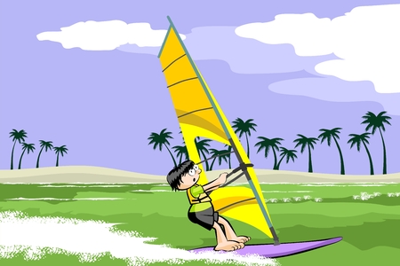Windsurfing on the beach. Conceptual vector illustration.のイラスト素材