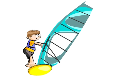 Boy windsurfing isolated on white background. Conceptual vector illustration.のイラスト素材