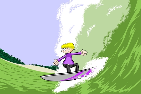Young surfer man on surfboard riding the wave. Conceptual Vector illustration.のイラスト素材