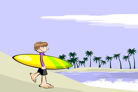 Surfer arrives at the beach with his surfboard. Conceptual vector illustration.のイラスト素材