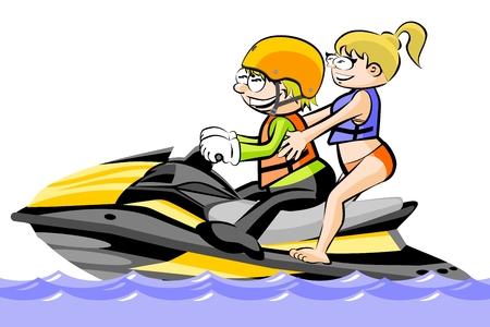 A man and a girl riding a water scooter - isolated on white. Conceptual vector illustration.のイラスト素材
