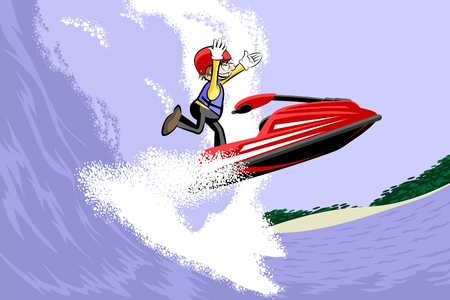 Man driving jet ski on a water. Fun conceptual vector illustrationのイラスト素材