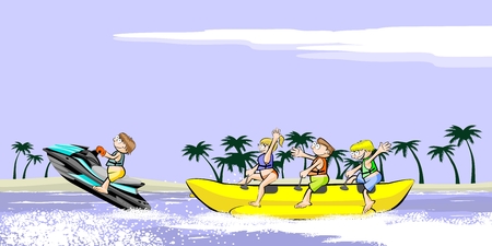 Banana boat group of friends having fun on summer vacation in the beach. Vector illustration.のイラスト素材