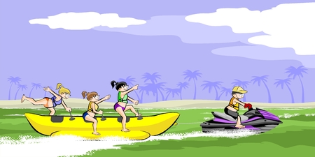 Banana boat group of friends having fun on summer vacation in the beach. Vector illustration.のイラスト素材
