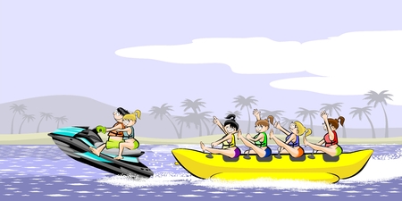 Banana boat group of friends having fun on summer vacation in the beach. Vector illustration.のイラスト素材