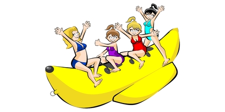 Banana boat group of friends having fun on summer vacation. Vectora illustration isolated on white background.のイラスト素材