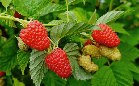 Fruits of ripe raspberries against the background of leaves.