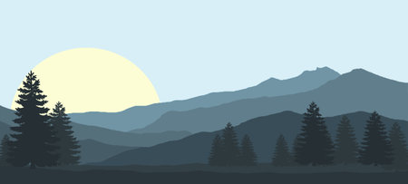 Sunrise in Siberia taiga Alaska, landscape illustration.の写真素材