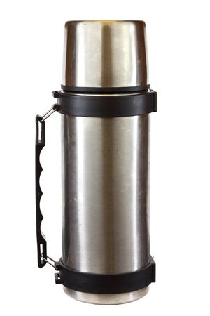 Stainless steel thermos isolated on a white background.の写真素材