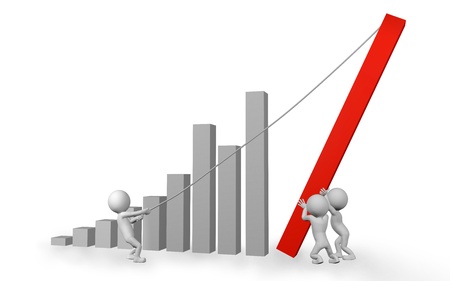 Teamwork concept with 3d cartoon people characters and a bar chart on a white background の写真素材