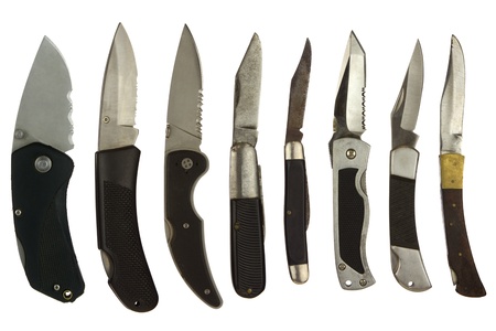 Knife collage isolated on a white background depicting a variety of pocket knives.の写真素材