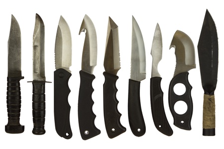 Knife collage isolated on a white background depicting a variety of sheath knives.の写真素材