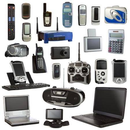 Technology collage isolated on a white background depicting electronic devices.の写真素材