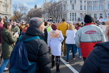 Madrid, Spain - February 12, 2023: Demonstration of citizens and doctors in defense of public health care in the streets of Madridのeditorial素材