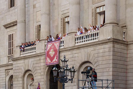 Barcelona - June 08, 2023: Barcelona football club champions of the Spanish womens soccer league on the balcony of the town hall.のeditorial素材