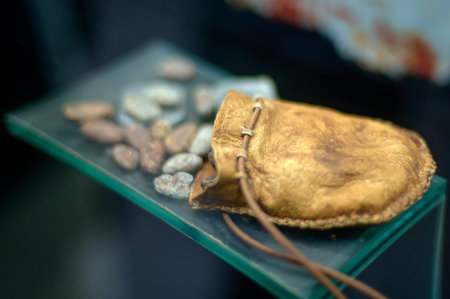 Leather bag with cocoa seeds used as currency in ancient times in selective focus.