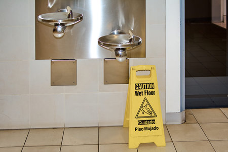 The wet floor sign in the foreground with two drinking fountains in the background captures...