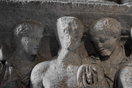 Tarragona, Spain - April 15, 2024: A glimpse into the past through this Roman sculpture in...