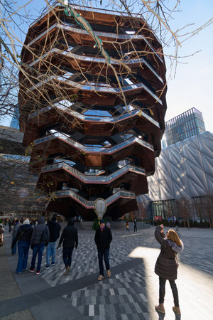New York, USA - March 23, 2024: A stunning view of the Vessel, an iconic architectural structure in...