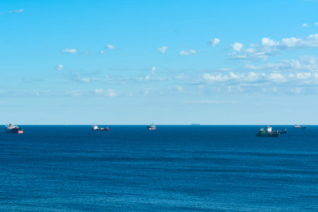 A tranquil scene of cargo ships scattered across a vast blue sea with a clear sky overhead. Ideal...