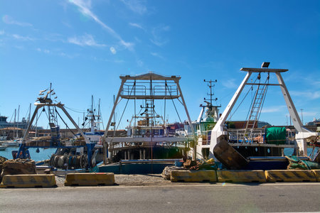 Dockside view of fishing boats in Civitavecchia, Italy, with equipment and nets visible. This image...