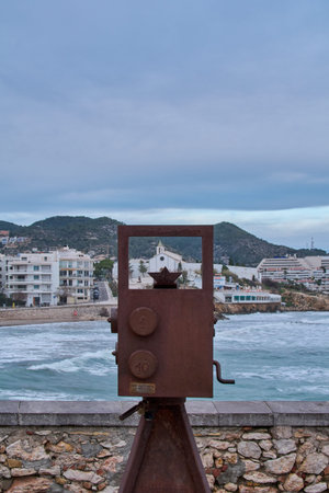 Sitges, Spain - February 18, 2026: Iconic steel sculpture honoring the International Fantastic Film Festival of Catalonia on the seaside promenade in Sitges, Barcelona province.のeditorial素材