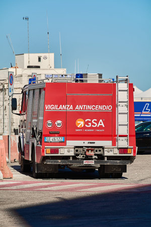 Bari. Italia - March 30, 2026: Professional fire safety vehicle with GSA branding and license plate...